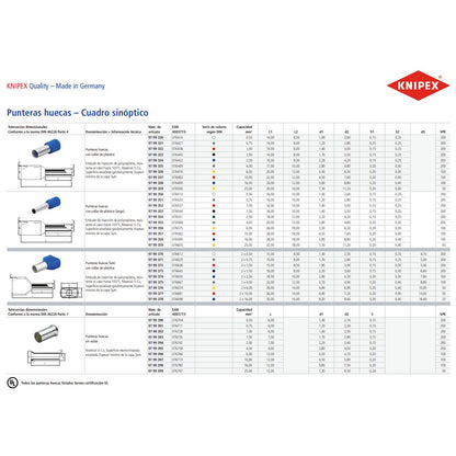 KNIPEX 97 99 354 Terminales aisladas ferrul larga color azul para cable de 13 AWG (2.5 mm²) 200 piezas