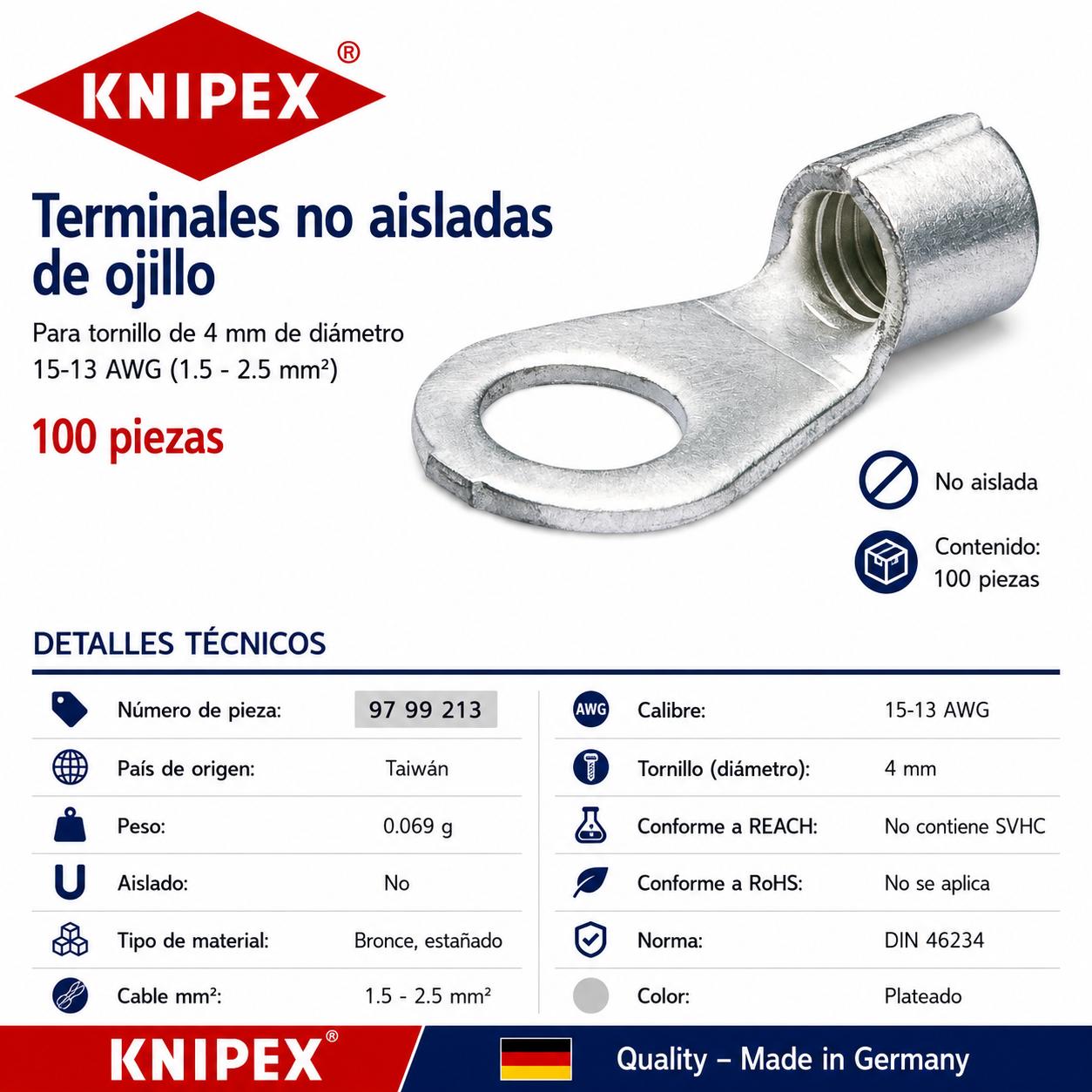 KNIPEX 97 99 213 Terminales no aisladas de ojillo para tornillo de 4 mm de diámetro cable de 16-14 AWG (1.5 - 2.5 mm²) 100 piezas