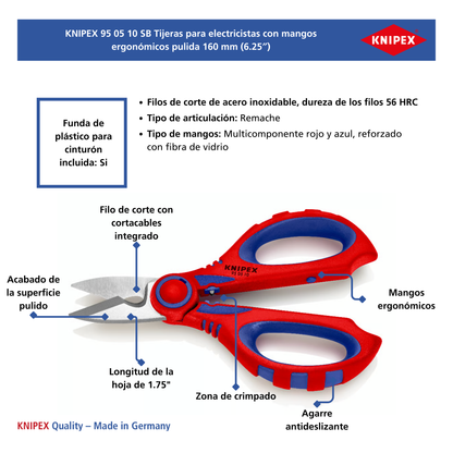 KNIPEX 95 05 10 SB Tijeras para electricista con crimpadora 160 mm