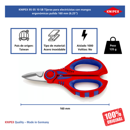 KNIPEX 95 05 10 SB Tijeras para electricista con crimpadora 160 mm