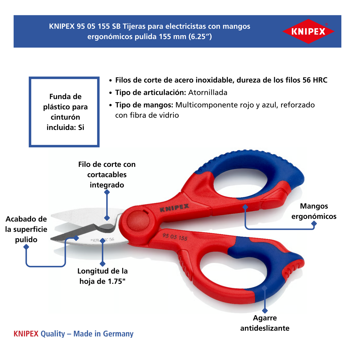 KNIPEX 95 05 155 SB Tijeras para electricistas 155 mm (6.25'')