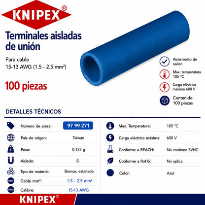 KNIPEX 97 99 271 Terminales aisladas de unión color azul para cable 16-14 AWG (1.5 - 2.5 mm²) 100 piezas
