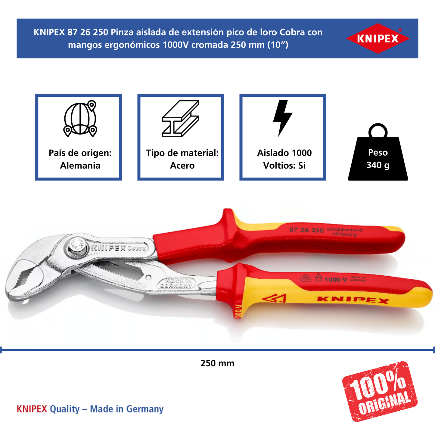 KNIPEX 87 26 250 SB Pinza aislada de extensión pico de loro Cobra 250 mm (10″)
