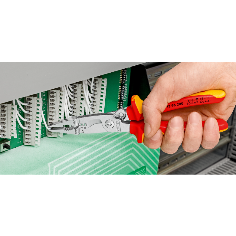 KNIPEX 13 96 200 SB Pinza aislada para instalaciones eléctricas 6 en 1 con mangos ergonómicos 1000V cromada 200 mm (8″)