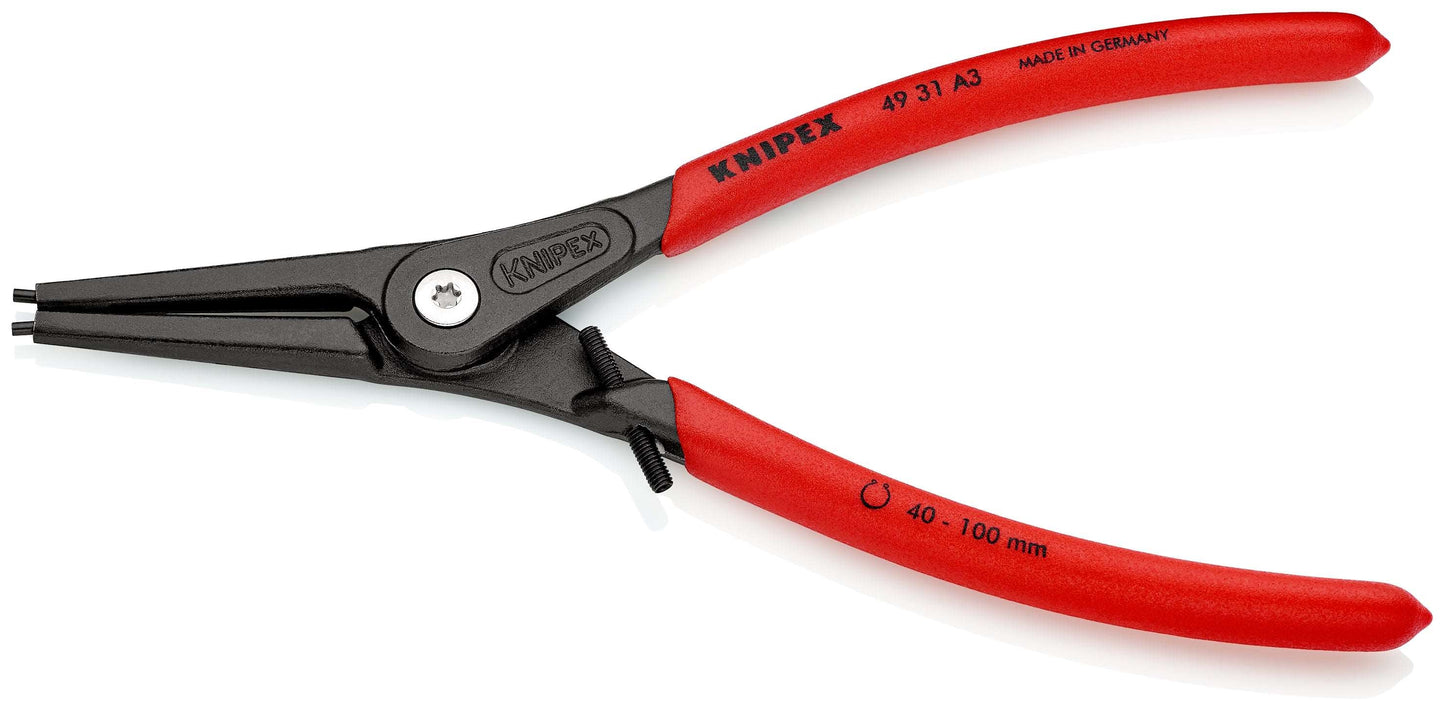KNIPEX 49 31 A3 Pinza para anillos de retención exteriores con limitador y puntas rectas con mangos de plástico pavonada 225 mm (9'')