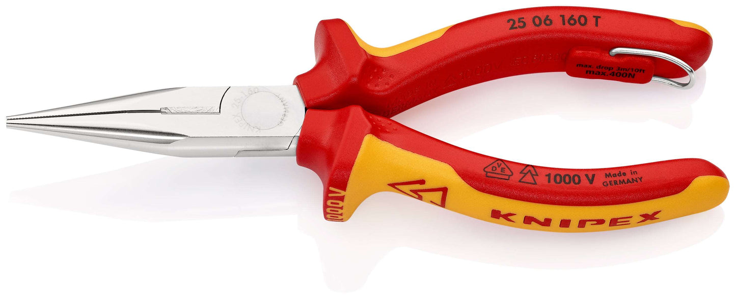 KNIPEX 25 06 160 T Pinza aislada de punta larga con filos de corte con mangos ergonómicos 1000V con protección anticaídas cromada 160 mm (6.25″)