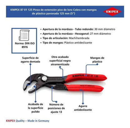 KNIPEX 87 01 125 Pinza de extensión pico de loro Cobra con mangos de plástico pavonada 125 mm (5'')