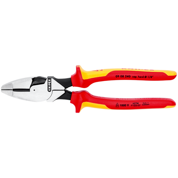 KNIPEX 09 08 240 SB Pinza aislada de electricista modelo americano con mangos ergonómicos 1000V pavonada 240 mm (9.5″)