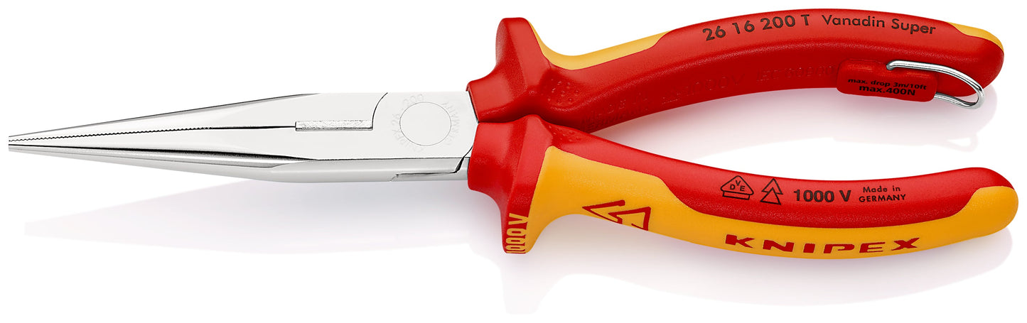 KNIPEX 26 16 200 T Pinza aislada de punta larga con filos de corte con mangos ergonómicos 1000V con protección anticaídas cromada 200 mm (8″)