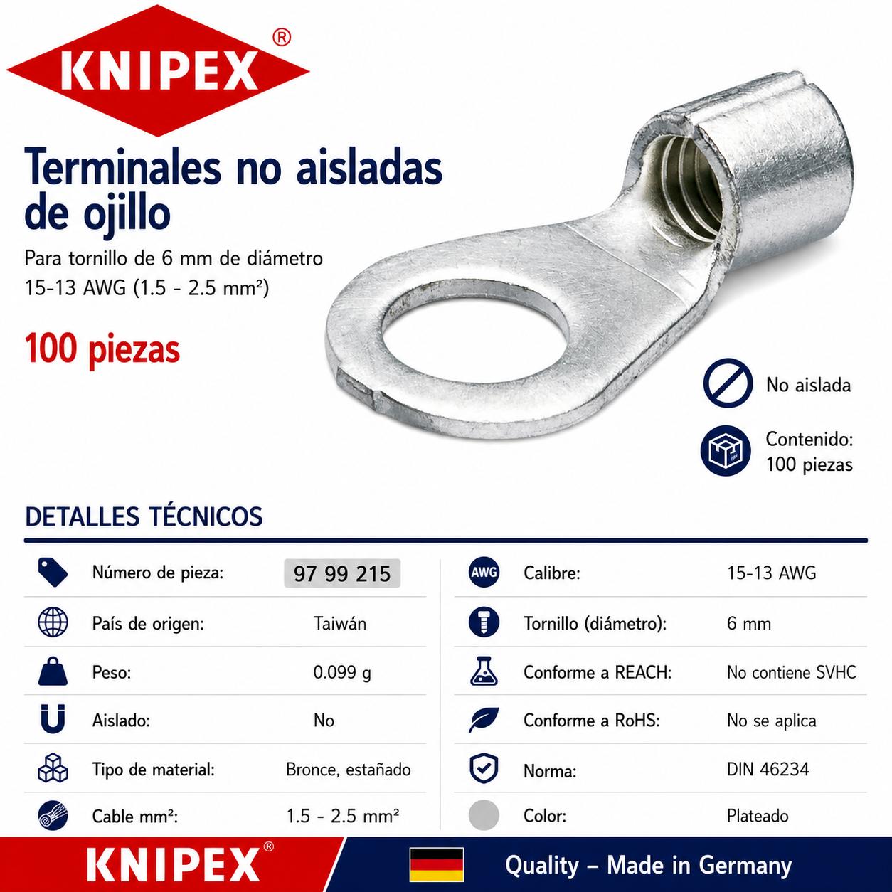 KNIPEX 97 99 215 Terminales no aisladas de ojillo para tornillo de 6 mm de diámetro cable de 15-13 AWG (1.5 - 2.5 mm²) 100 piezas