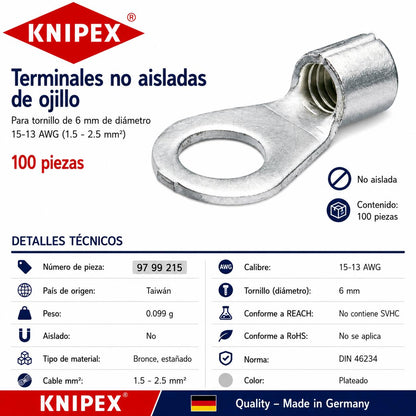 KNIPEX 97 99 215 Terminales no aisladas de ojillo para tornillo de 6 mm de diámetro cable de 15-13 AWG (1.5 - 2.5 mm²) 100 piezas