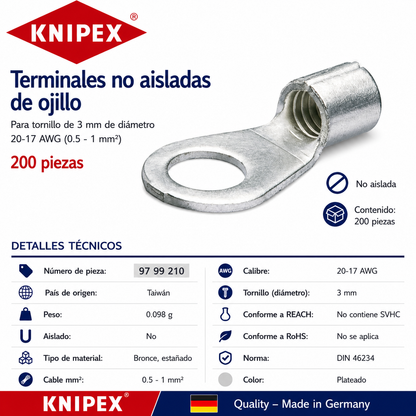 KNIPEX 97 99 210 Terminales no aisladas de ojillo para tornillo de 3 mm de diámetro cable de 20-17 AWG (0.5 - 1 mm²) 200 piezas