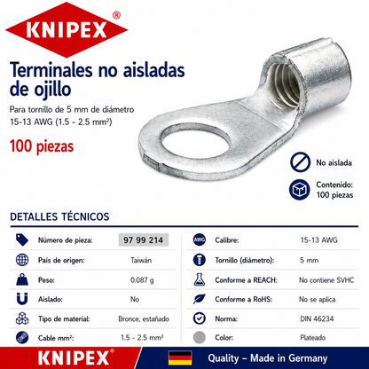 KNIPEX 97 99 214 Terminales no aisladas de ojillo para tornillo de 5 mm de diámetro cable de 15-13 AWG (1.5 - 2.5 mm²) 100 piezas
