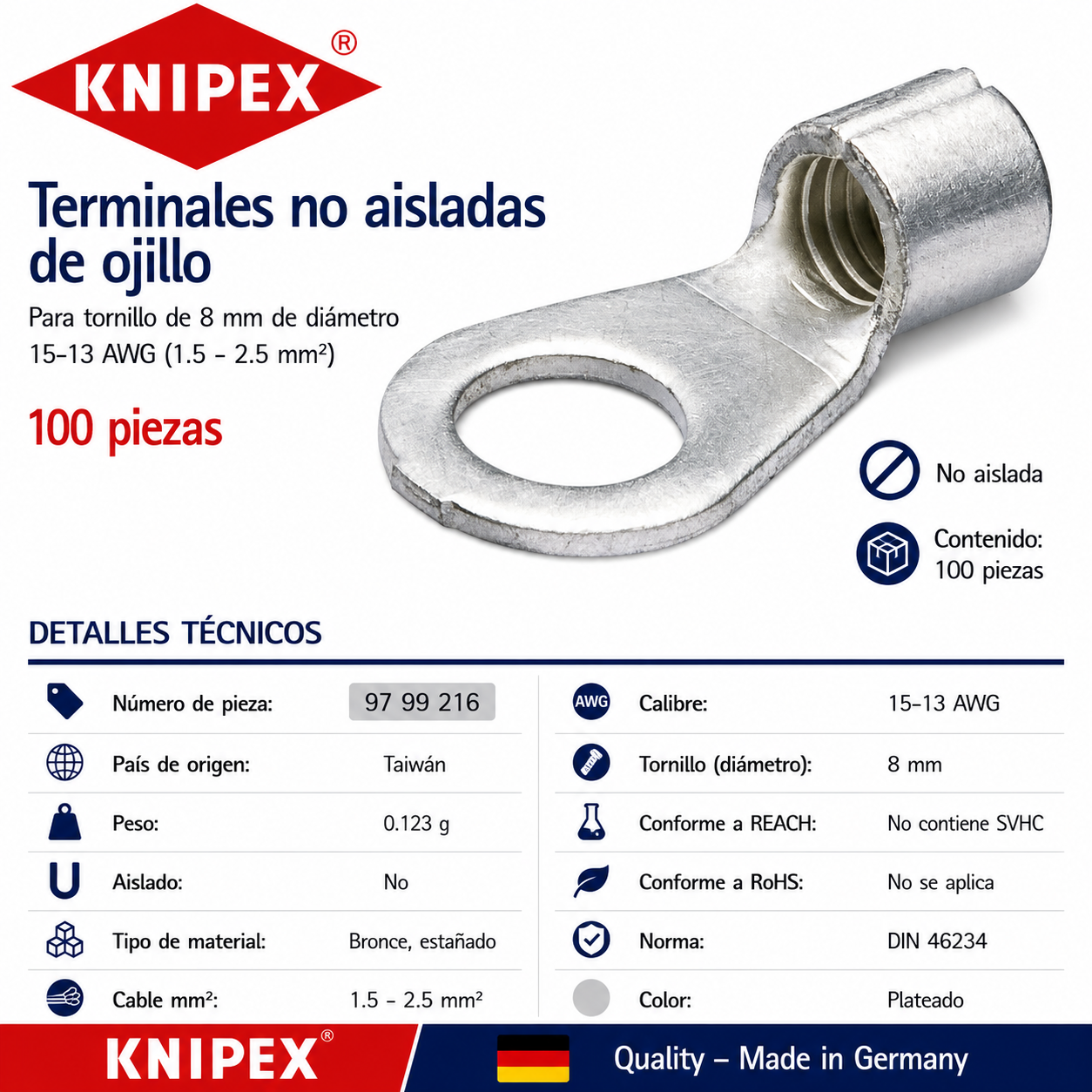 KNIPEX 97 99 216 Terminales no aisladas de ojillo para tornillo de 8 mm de diámetro cable de 15-13 AWG (1.5 - 2.5 mm²) 100 piezas