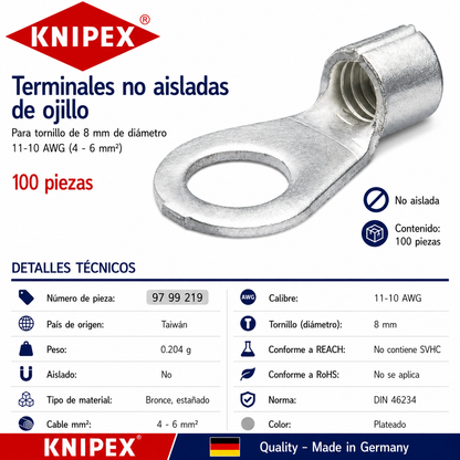 KNIPEX 97 99 219 Terminales no aisladas de ojillo para tornillo de 8 mm de diámetro cable de 11-10 AWG (4 - 6 mm²) 100 piezas
