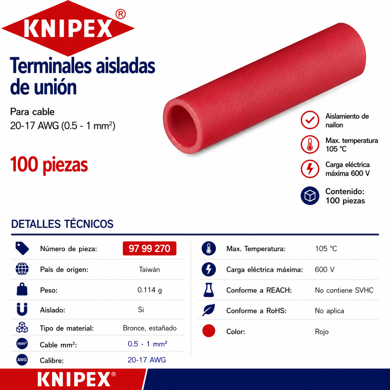 KNIPEX 97 99 270 Terminales aisladas de unión color rojo para cable 20-17 AWG (0.5 - 1 mm²) 100 piezas