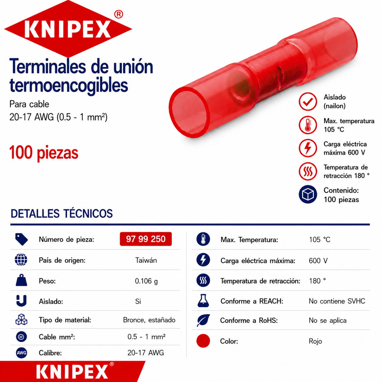 KNIPEX 97 99 250 Terminales de unión termoencogibles color rojo para cable 20-17 AWG (0.5 - 1 mm²) 100 piezas