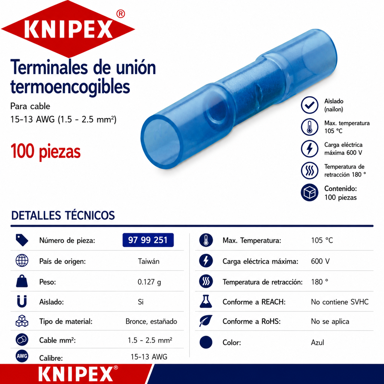 KNIPEX 97 99 251 Terminales de unión termoencogibles color azul para cable 15-13 AWG (1.5 - 2.5 mm²) 100 piezas