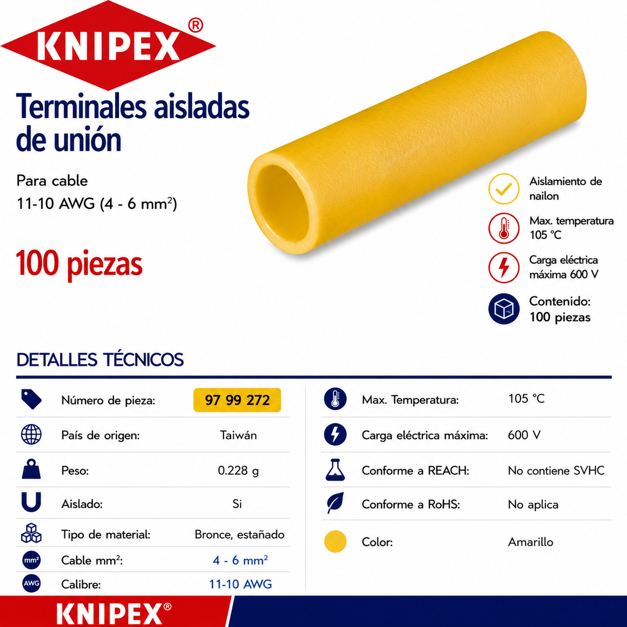 KNIPEX 97 99 272 Terminales aisladas de unión color amarillo para cable 11-10 AWG (4 - 6 mm²) 100 piezas