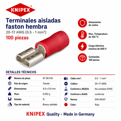 KNIPEX 97 99 010 Terminales aisladas faston hembra color rojo para cable de 20-17 AWG (0.5 - 1 mm²) 100 piezas