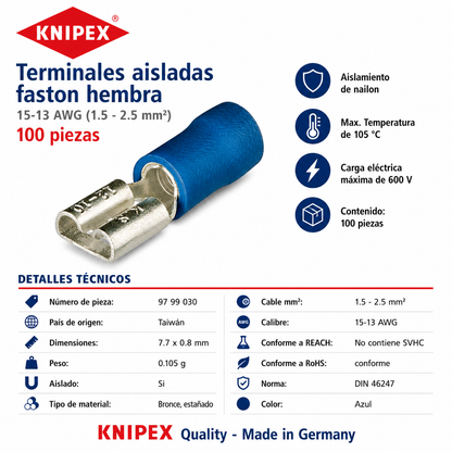 KNIPEX 97 99 030 Terminales aisladas faston hembra color azul para cable de 15-13 AWG (1.5 - 2.5 mm²) 100 piezas