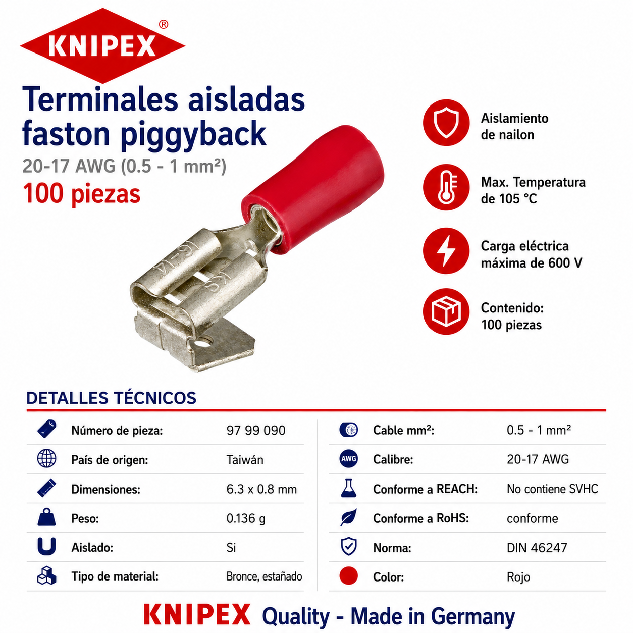 KNIPEX 97 99 090 Terminales aisladas faston piggyback color rojo para cable de 20-17 AWG (0.5 - 1 mm²) 100 piezas