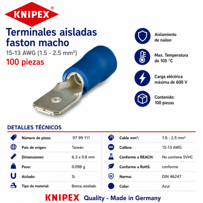 KNIPEX 97 99 111 Terminales aisladas faston macho color azul para cable de 15-13 AWG (1.5 - 2.5 mm²) 100 piezas