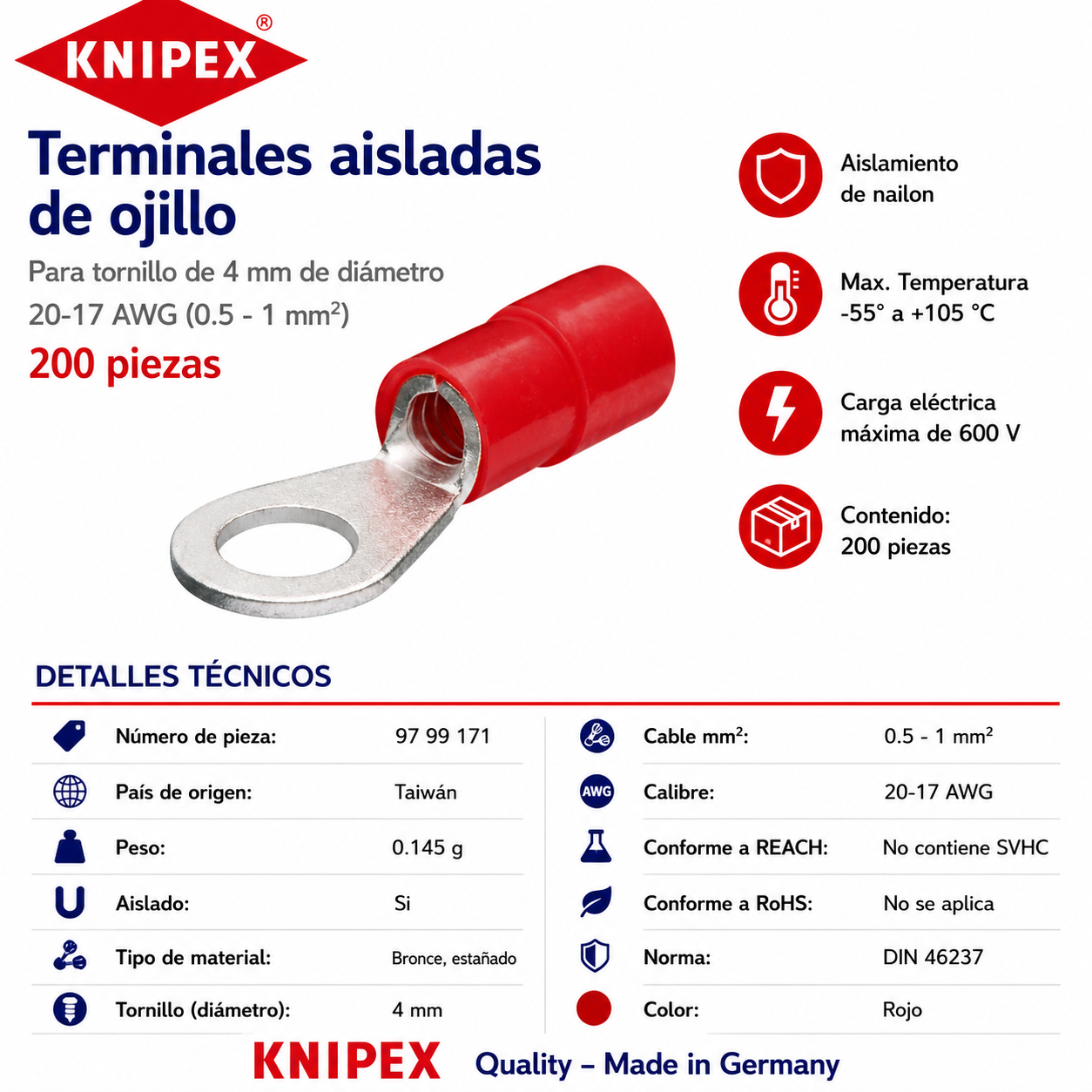 KNIPEX 97 99 171 Terminales aisladas de ojillo color rojo para tornillo de 4 mm de diámetro cable de 20-17 AWG (0.5 - 1 mm²) 200 piezas