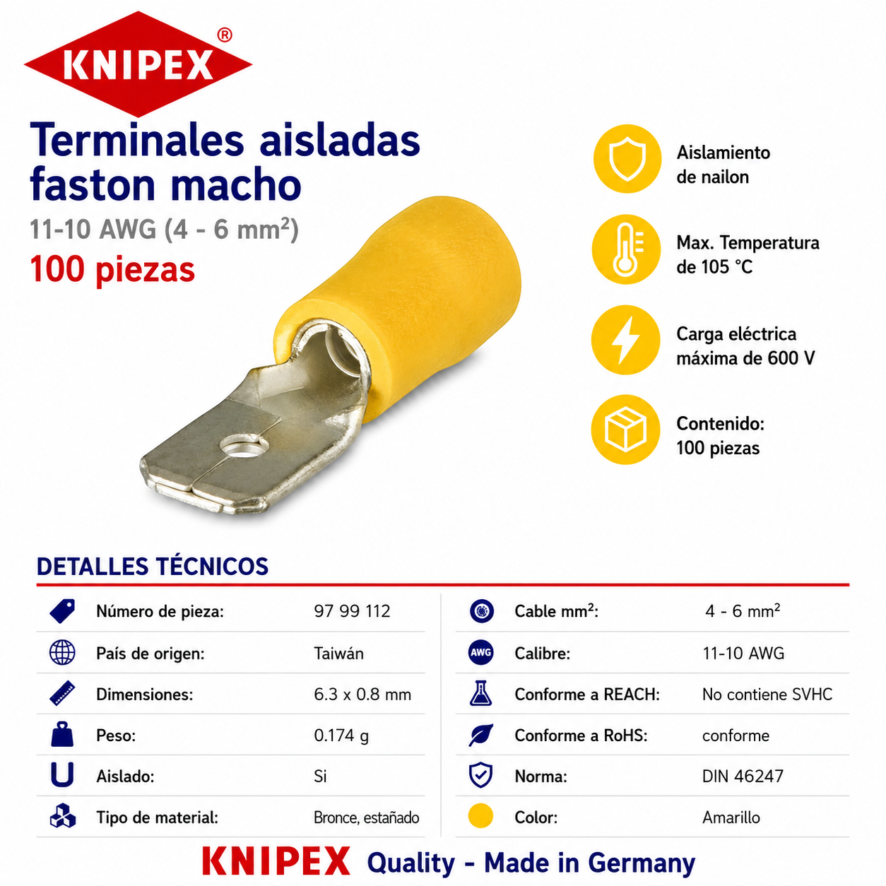 KNIPEX 97 99 112 Terminales aisladas faston macho color amarillo para cable de 11-10 AWG (4 - 6 mm²) 100 piezas