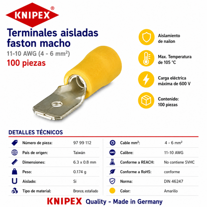 KNIPEX 97 99 112 Terminales aisladas faston macho color amarillo para cable de 11-10 AWG (4 - 6 mm²) 100 piezas