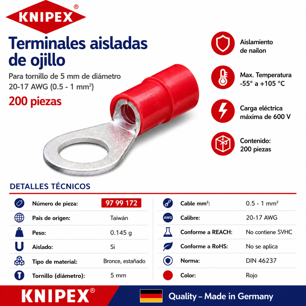 KNIPEX 97 99 172 Terminales aisladas de ojillo color rojo para tornillo de 5 mm de diámetro cable de 20-17 AWG (0.5 - 1 mm²) 200 piezas