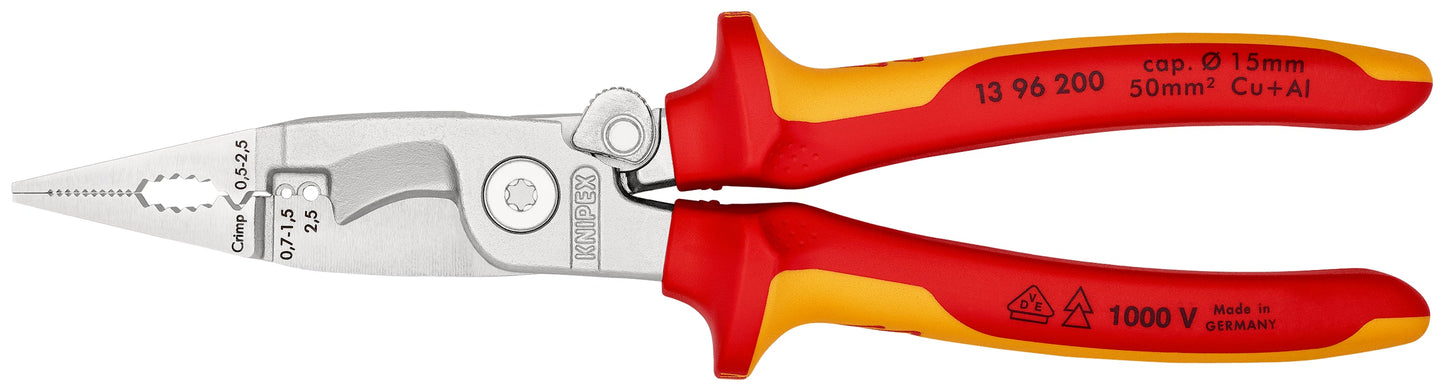 KNIPEX 13 96 200 SB Pinza aislada para instalaciones eléctricas 6 en 1 con mangos ergonómicos 1000V cromada 200 mm (8″)
