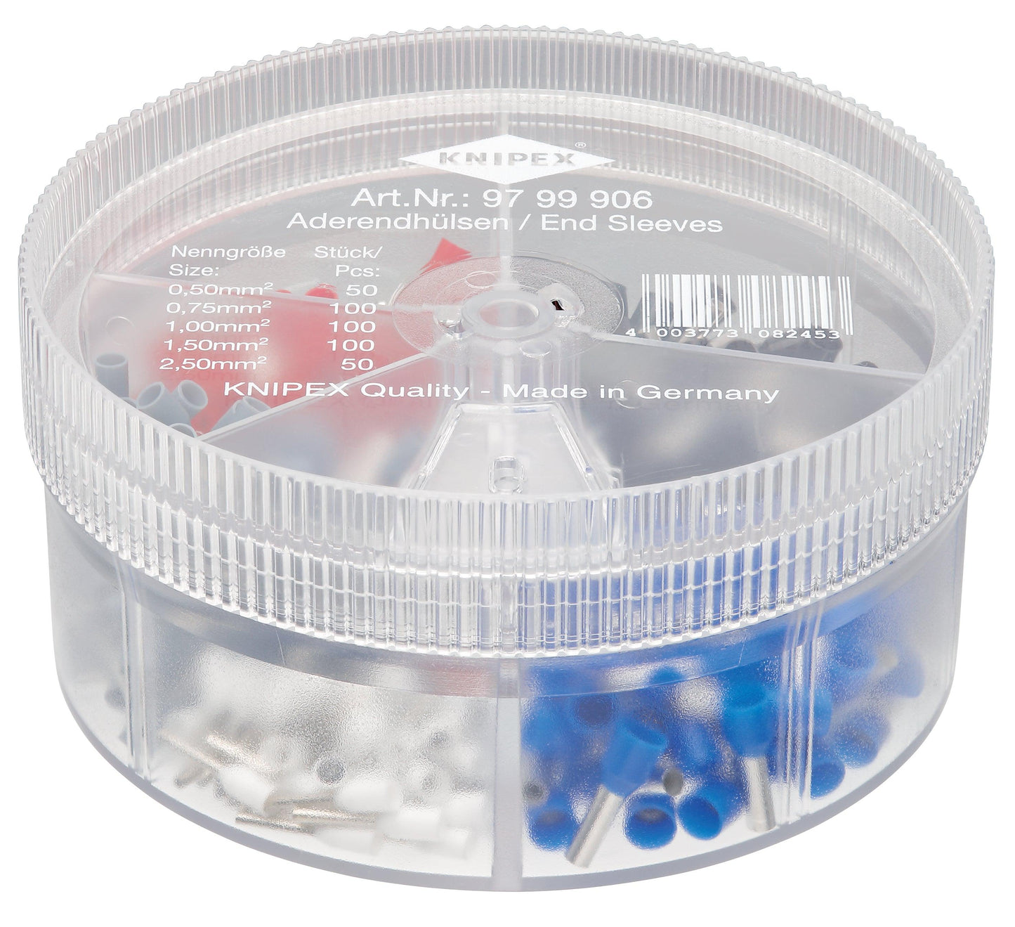 KNIPEX 97 99 906 Caja surtida de terminales aisladas ferrul para cable de 20-14 AWG (0.5 - 2.5 mm²) 400 piezas 5 tamaños