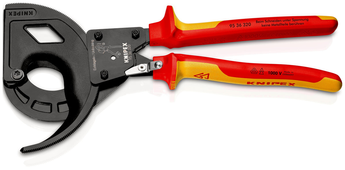 KNIPEX 95 36 320 Cortacables (tipo matraca, 3 velocidades) aislados con mangos en dos componentes, seg£n norma VDE acabado pavonado 320 mm