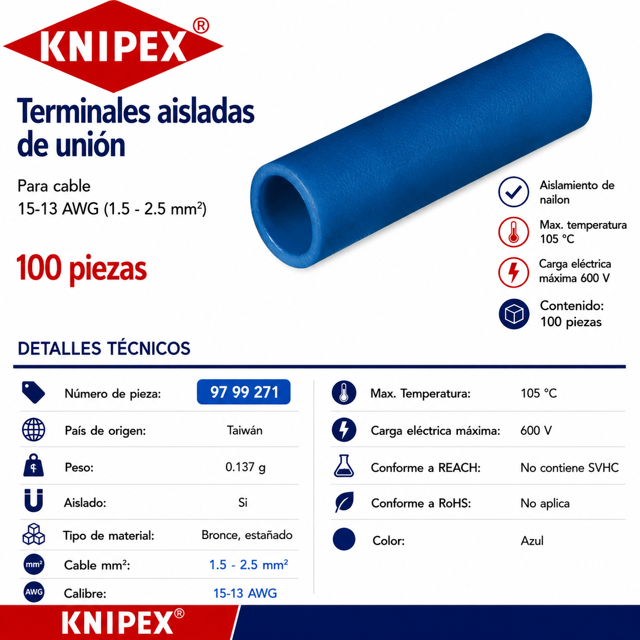 KNIPEX 97 99 271 Terminales aisladas de unión color azul para cable 15-13 AWG (1.5 - 2.5 mm²) 100 piezas