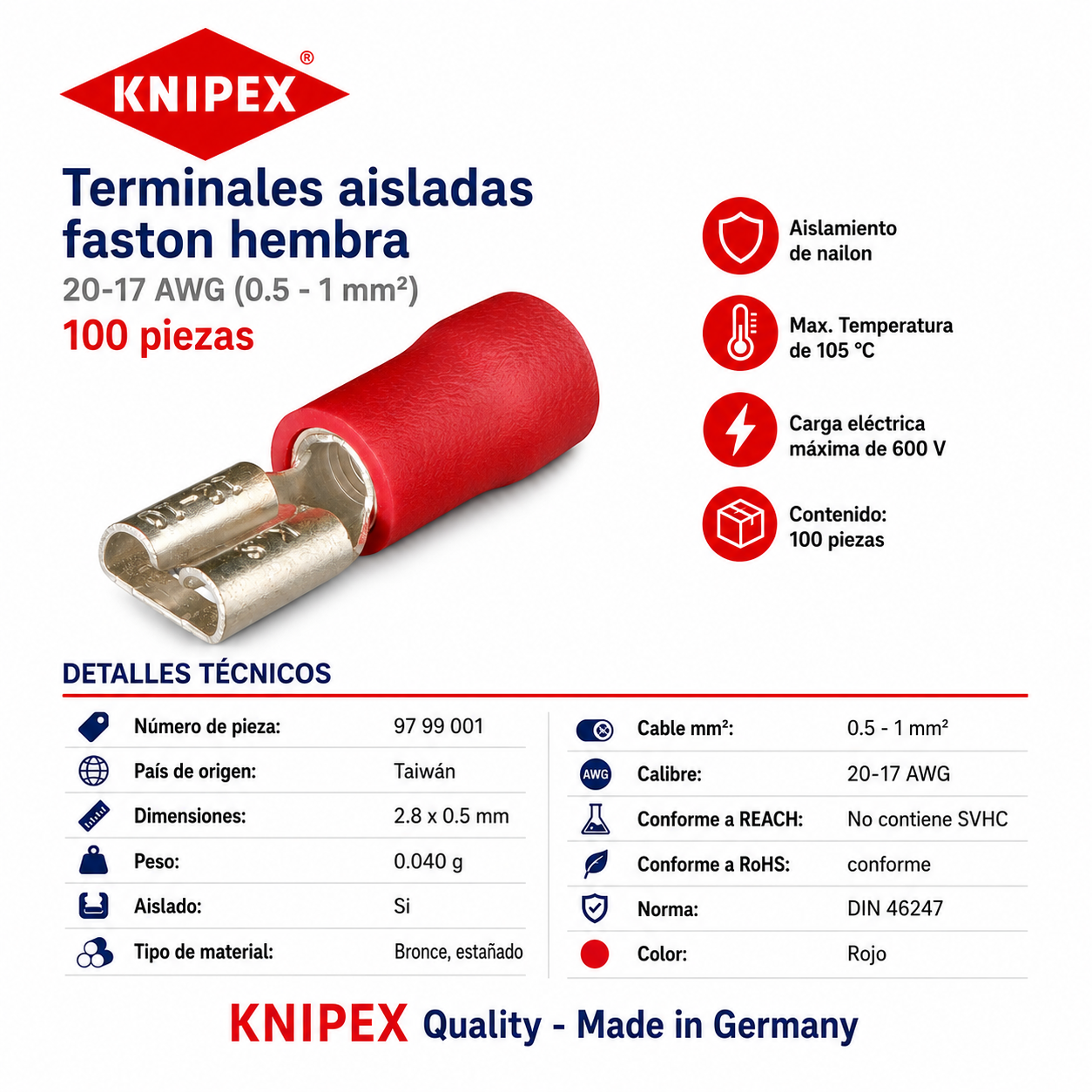 KNIPEX 97 99 001 Terminales aisladas faston hembra color rojo para cable de 20-17 AWG (0.5 - 1 mm²) 100 piezas