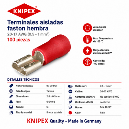 KNIPEX 97 99 001 Terminales aisladas faston hembra color rojo para cable de 20-17 AWG (0.5 - 1 mm²) 100 piezas