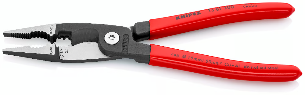 KNIPEX 13 81 200 SB Pinza para instalaciones eléctricas 6 en 1 con mangos de plástico pavonada 200 mm (8″)