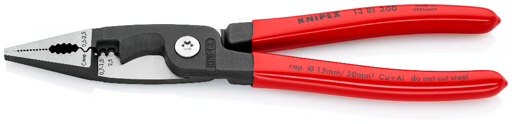 KNIPEX 13 81 200 SB Pinza para instalaciones eléctricas 6 en 1 con mangos de plástico pavonada 200 mm (8″)