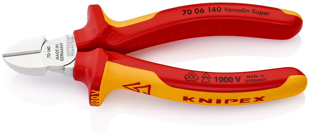 KNIPEX 70 06 140 SB Pinzas de corte diagonal aislados con fundas en dos componentes, según norma VDE cromado 140 mm