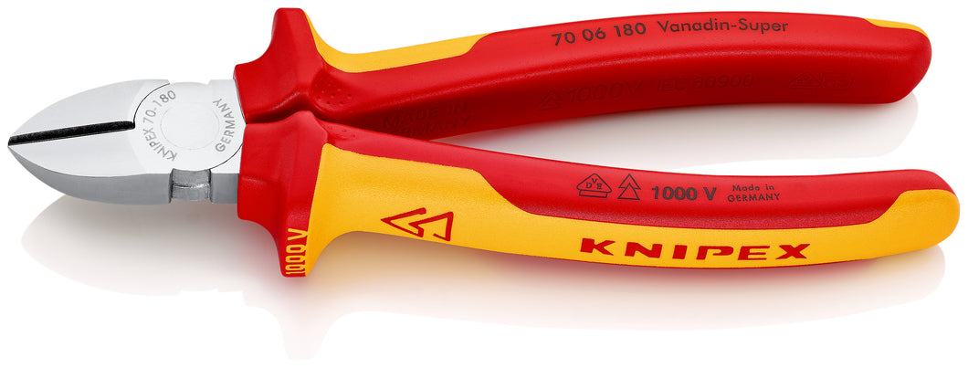 KNIPEX 70 06 180 SB Pinzas de corte diagonal aislados con fundas en dos componentes, según norma VDE cromado 180 mm